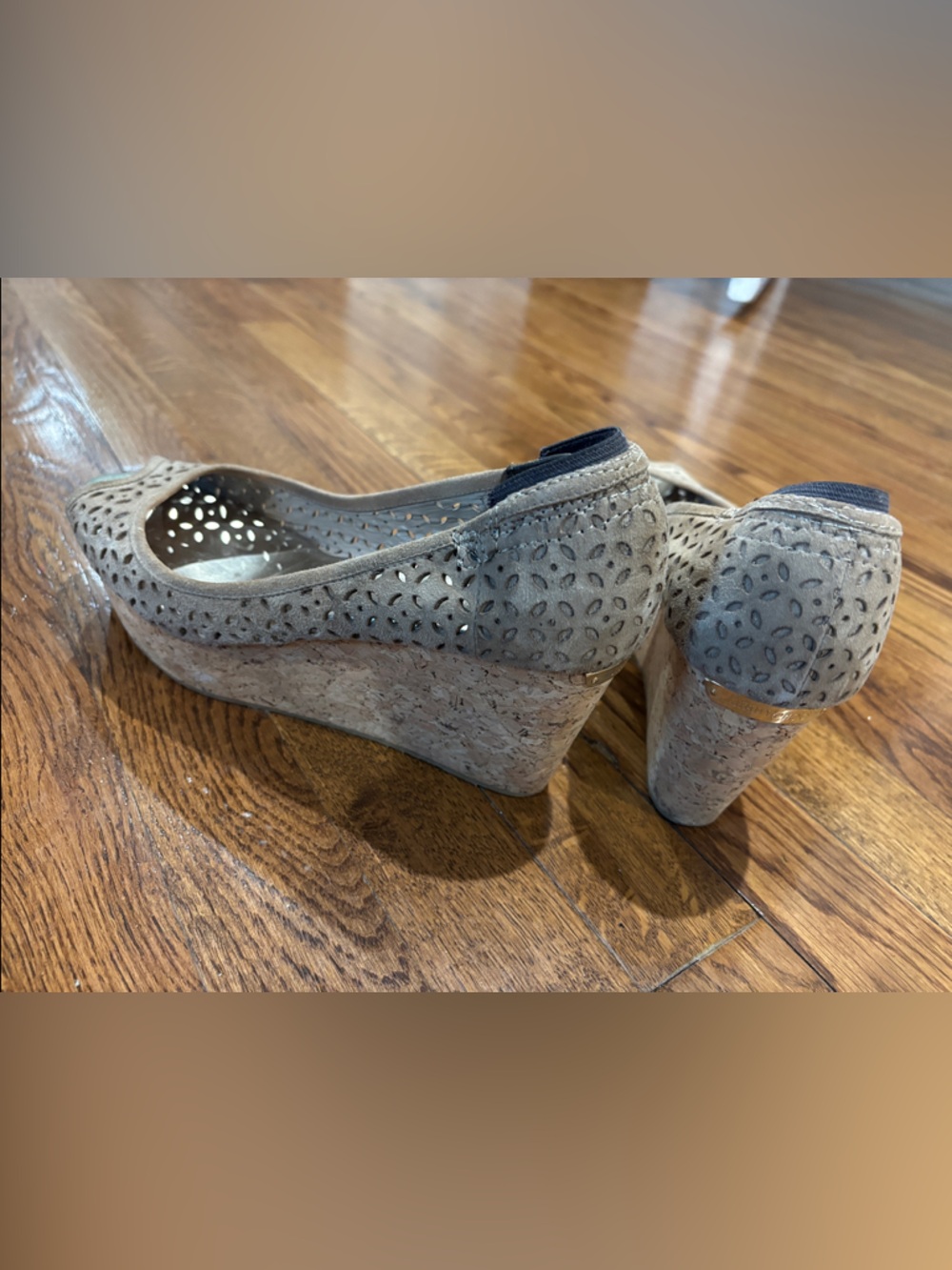 Not sure - Jimmy Choo Taupe Suede Laser-Cut Wedge Pumps